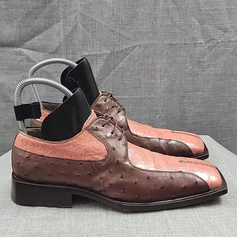 MAURI Italy Men's 9.5M Alligator Ostrich Leather Oxford Derby Shoes Pink / Brown
